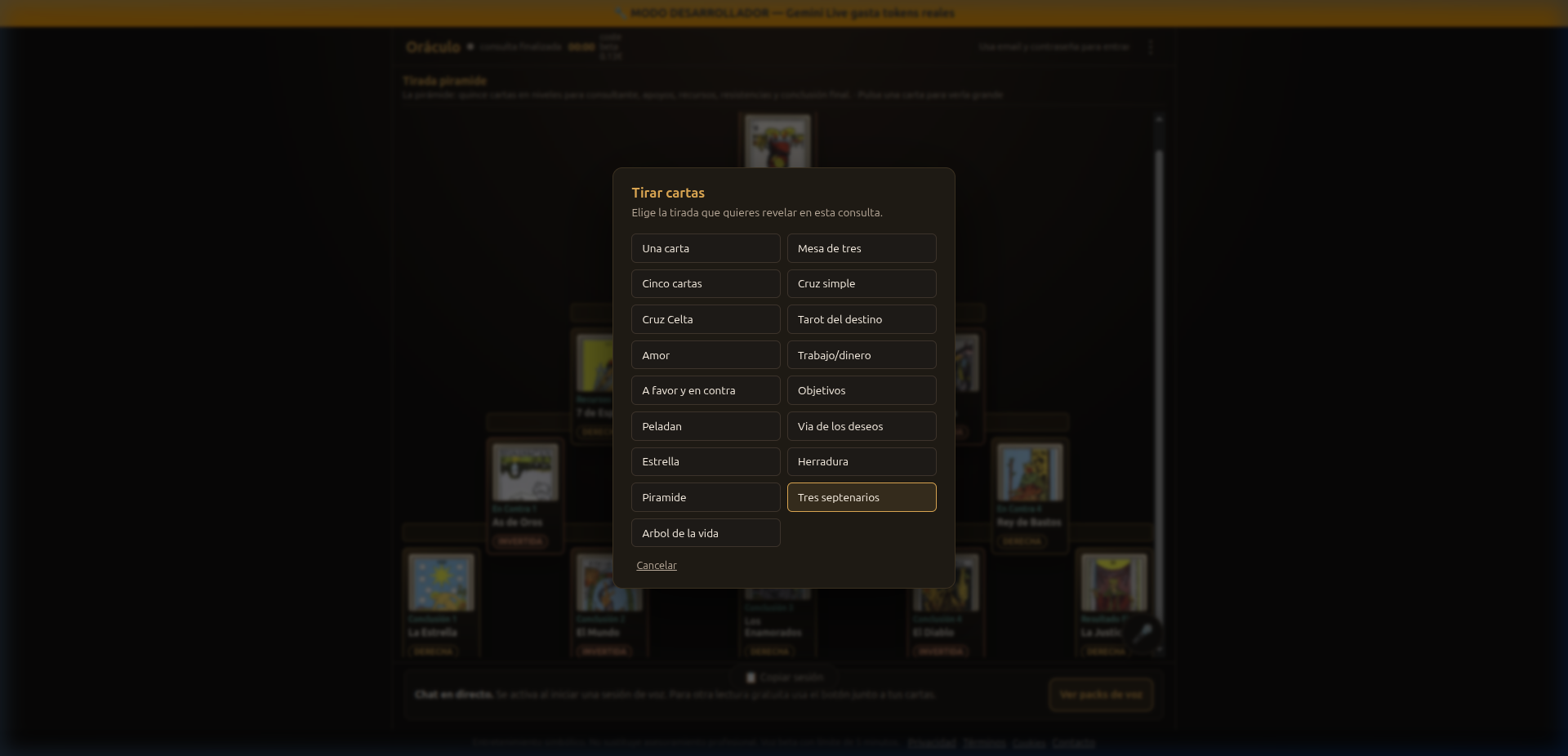 Selector de tiradas con botones para cada tipo de tirada